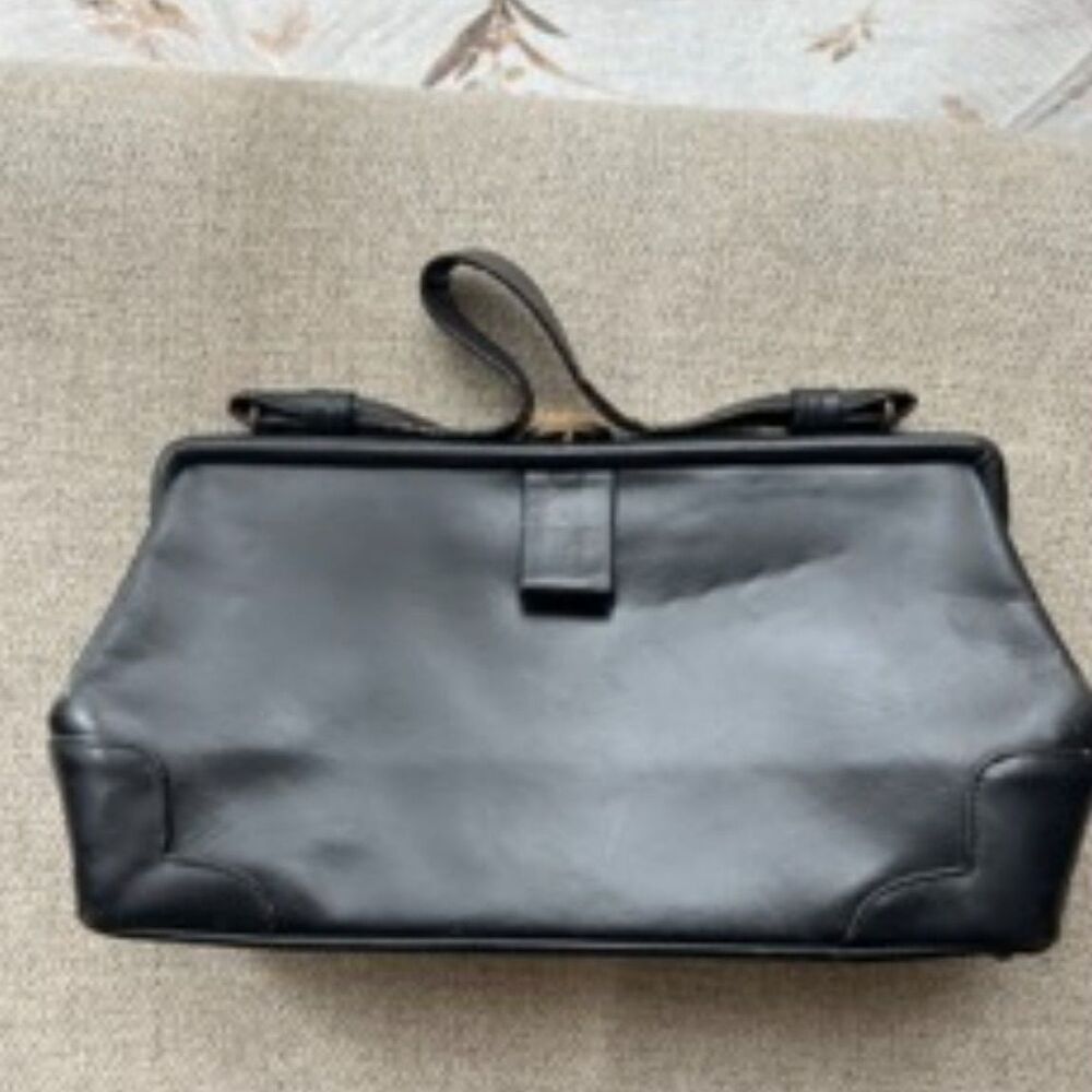 Vintage Black Leather Clutch Portfolio Bag Structured Purse With Wear